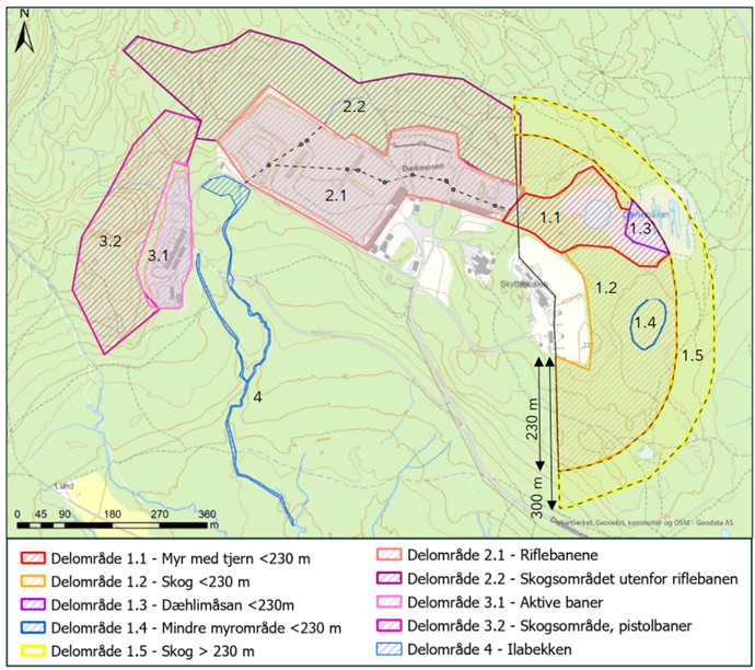 Kart over Løvenskiold skyteanlegg som viser delområdene av grunnforurensning og Ilabekken