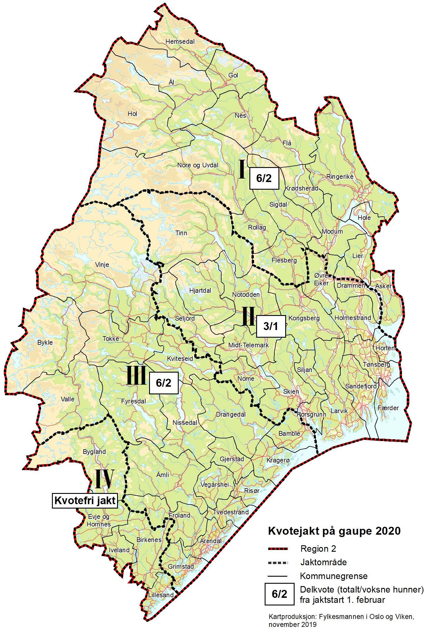 Kart over jaktområder med kvoter