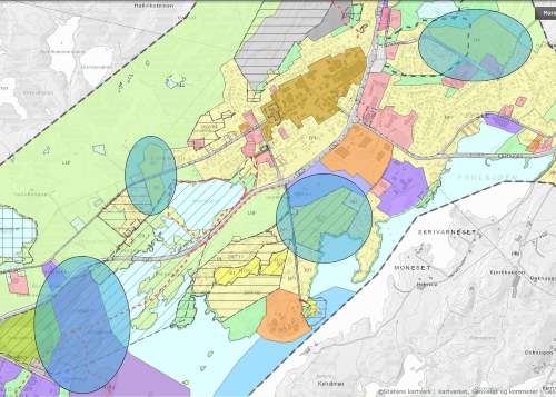 Foreslåtte områder i kommunedelplan for Leknes som Fylkesmannen har innsigelse til