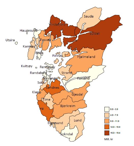 Kart: Bruttoprodukt frå tilleggsnæring, kommunar i Rogaland, mill. kroner, 2014. 